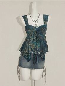 SHEIN ICON Women's Retro Sexy Elegant Bohemian Style Y2K Millennial Style Blue Paisley Pattern Sweetheart Neckline Chest Tie Pleated Slit Asymmetrical Hem Mesh See-Through Top