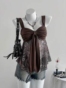 SHEIN Unity Casual French Style Mesh Floral Print Slit Hem Ruched Sexy Tie-Up Design Sleeveless Top, Summer Beach Vacation - Coffee Brown - View 1