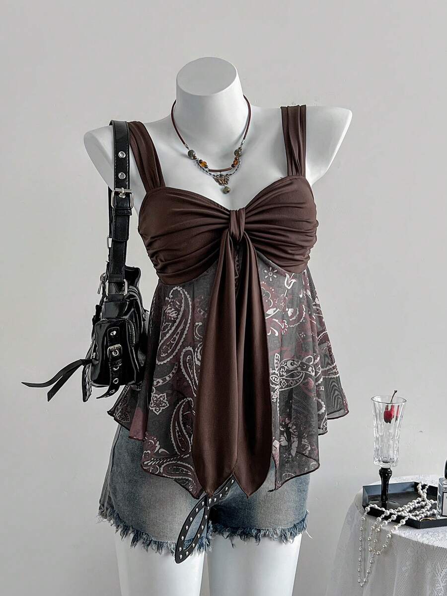SHEIN Unity Casual French Style Mesh Floral Print Slit Hem Ruched Sexy Tie-Up Design Sleeveless Top, Summer Beach Vacation - Coffee Brown - View 1