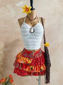 Soleia Falda plisada con estampado retro de flores de anacardo y flores, adecuada para vacaciones, falda burdeos elegante, estampado bohemio tropical brasileño, ropa de mujer estilo boho, atuendo occidental de concierto para mujer