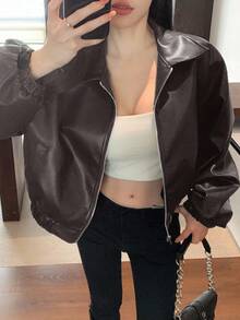 DAZY 女士宽松休闲户外街头风棕色PU皮夹克，秋冬季时尚百搭 - 巧克力棕 - 查看 4