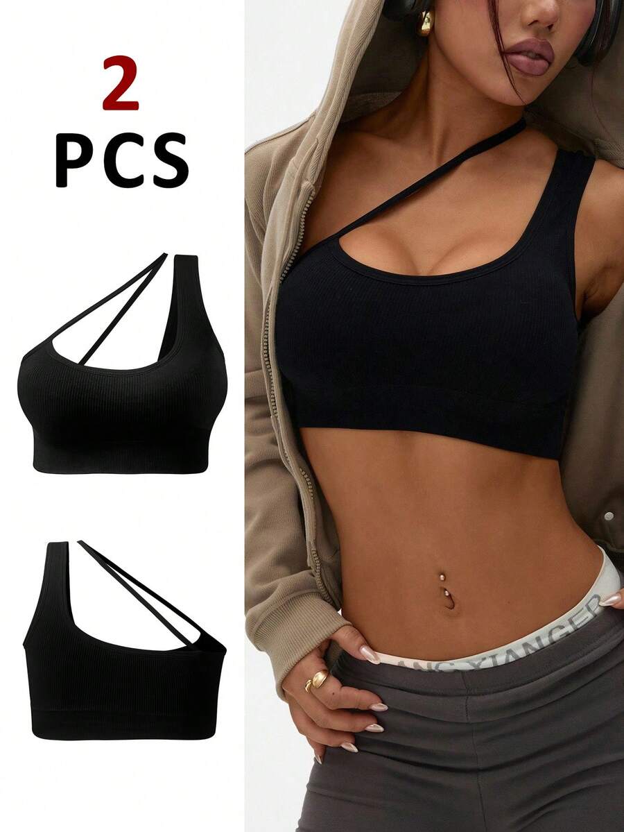 SHEIN Sports Bra Olahraga Tanpa Jahitan Tanpa Kawat Warna Polos Modis untuk Wanita, Set Atasan Olahraga Wanita, Set Olahraga Satu Bahu - Hitam - View 1