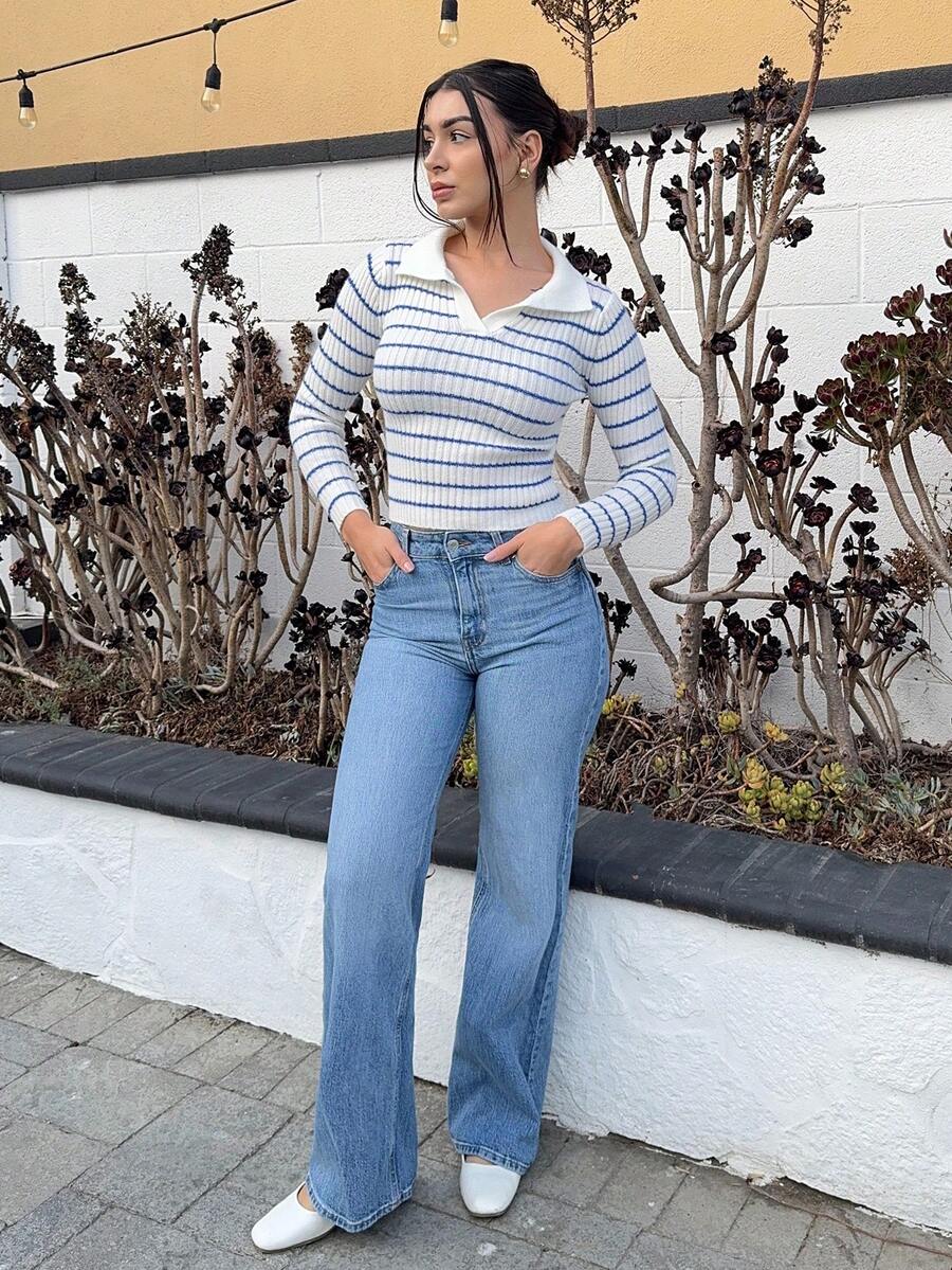 Andrea Bello 女士条纹长袖修身休闲套头衫，秋冬季，长袖上衣 - 藍白色 - 查看 1