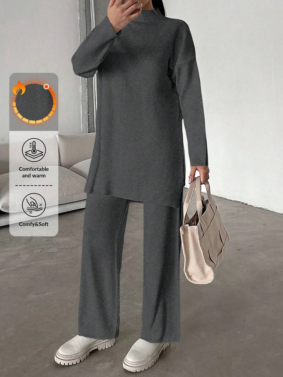 EURMUSE Của phụ nữ Đứng cổ áo Tay áo dài Áo len Và Đan Quần Bộ - Xám - Xem 1