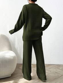 EURMUSE 2pcs Solid Color Ribbed Polo Collar Loose Knit Sweaters - Army Green - View 2