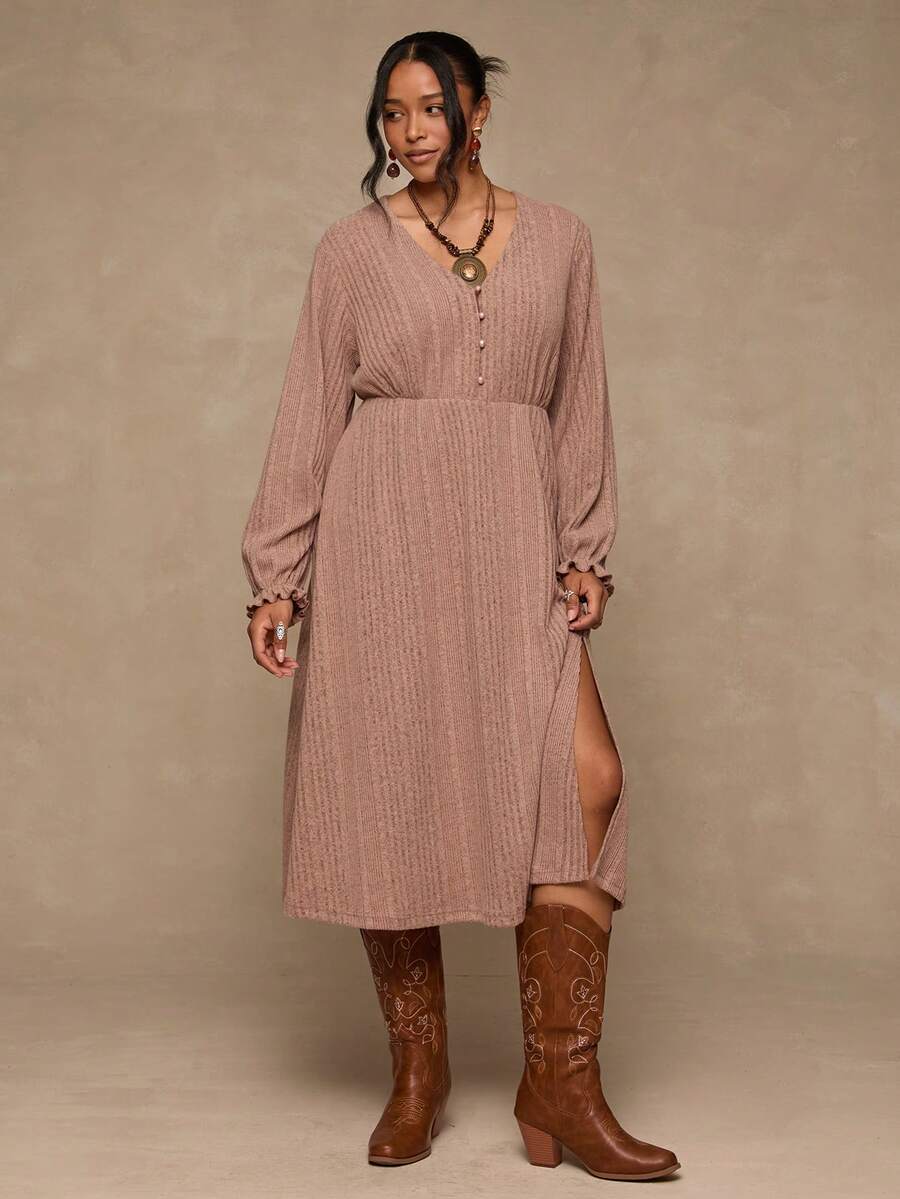 SHEIN VCAY Plus Size Women's V-Neck Ruffle Sleeve High Slit Hem Waist ...