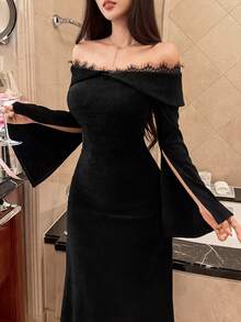 Dazy Tall Tall Women's Lace Patchwork Velvet Off Shoulder Long Sleeve Elegant Dress - Black - View 6