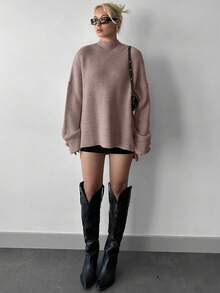 Của phụ nữ Cổ đứng Thả vai Tay áo Cao Thấp Áo len - Bụi hồng - Xem 7