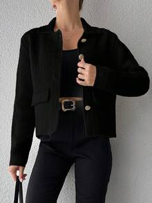 EURMUSE Women Solid Color Button Up Faux Pocket Casual Top, Daily Wear - Black - View 4