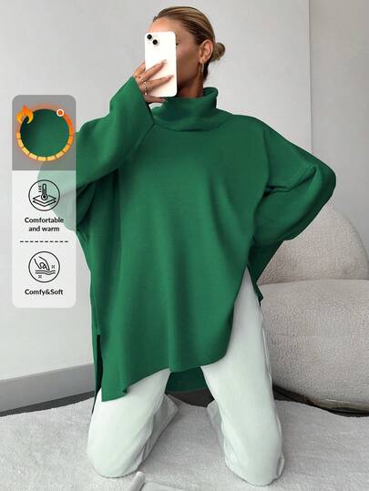 SHEIN Women's Solid Color Turtleneck Bat Sleeve Slit Hem Sweater