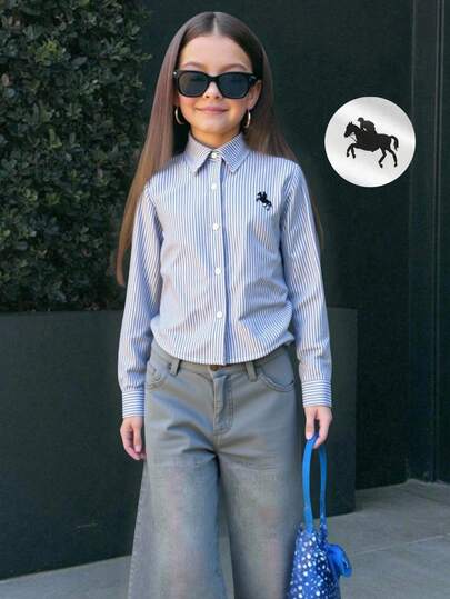 SHEIN 青少年女孩宽松休闲简约舒适泡泡袖珍珠纽扣装饰长袖衬衫