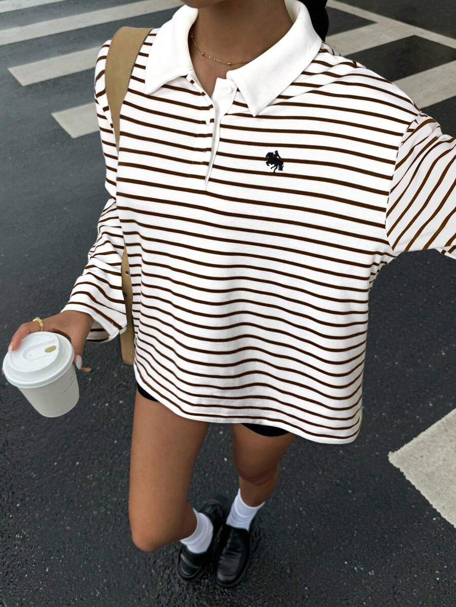 Muchica Striped Long Sleeve Casual T-Shirt For Women, Autumn Long Sleeve Summer Top - Brown - View 1