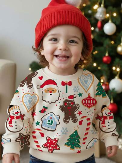 SHEIN Suéter holgado de punto suave con cuello redondo, estilo navideño clásico y cómodo para bebé niño. Patrón de árbol de Navidad con estrellas, estilo lindo, diseño de reno y motivos navideños. Adecuado para otoño/invierno.