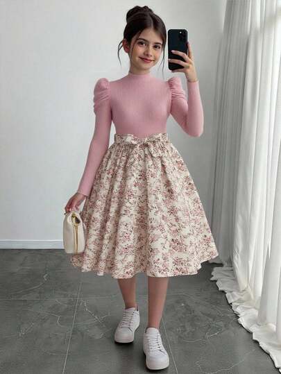 SHEIN Vestido casual de manga larga con cuello redondo, ajuste relajado, color rosa sólido acanalado, parche de estampado floral pequeño para niña preadolescente, para uso diario informal