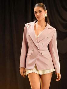 SHEIN Glamour 女式宽松休闲PU皮革西装外套，适合新年服装 - 粉色 - 查看 4
