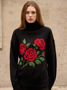 lacRébo 黑色针织高领套头衫，饰以红色玫瑰提花图案，温暖舒适，适合秋冬季穿着。 - 黑色 - 查看 6