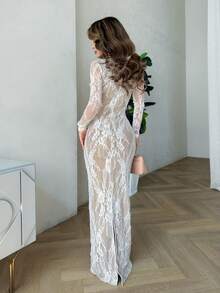 Jemour Đầm bó sát dài tay ren chữ S gợi cảm thời trang thu đông cho nữ, dự tiệc, hẹn hò, tiệc tối - trắng - Xem 2