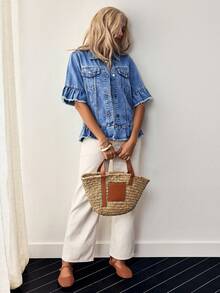 Breezaya 女式流苏喇叭袖单排扣荷叶边休闲牛仔夹克 - 中等水洗藍 - 查看 1