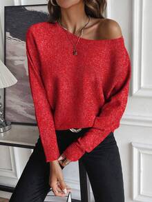 SHEIN LUNE Áo len dệt kim nữ thường ngày, thiết kế cánh dơi rộng rãi thoải mái, sợi len đỏ và trắng - Đỏ - Xem 3