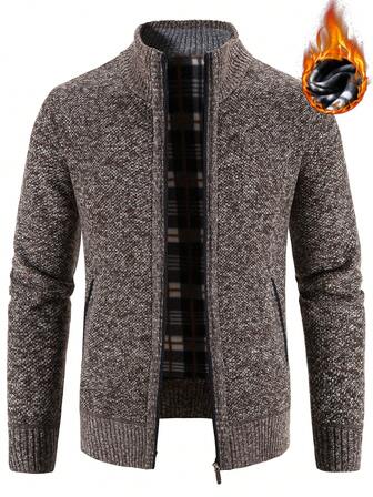 Manfinity Mode Men's Casual Stand Collar Fleece Long Sleeve Cardigan, Autumn/Winter