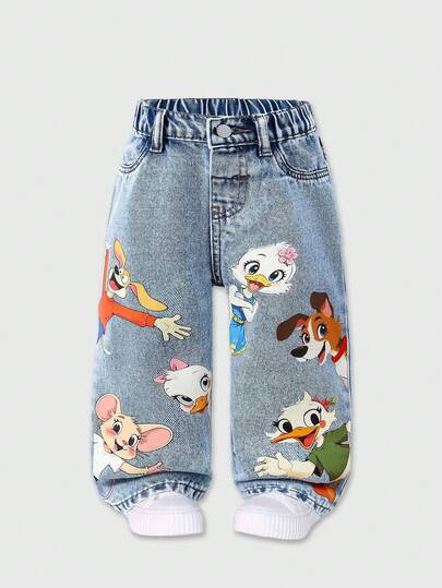 SHEIN Playful Pals Vaqueros rectos de ajuste holgado con estampado de animales lindos en azul claro para niñas pequeñas, versátiles para uso diario y vuelta al colegio