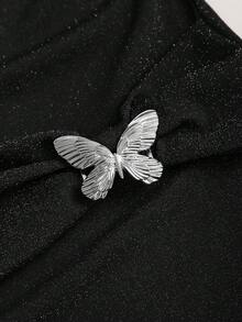 Sweetra Váy mini bó eo gợi cảm bằng chỉ kim loại đan có khóa kim loại hình bướm, phù hợp cho mùa xuân, hè, thu, đông - Màu xanh hải quân - Xem 3