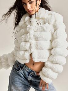 Easelle 白领优雅长袖仿皮草夹克，秋冬 - 白色 - 查看 4