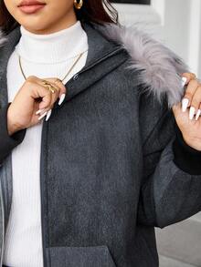 Easura Manteau casual rembourré en effet jean à manches longues pour femmes grandes tailles, automne/hiver - Noir - Voir 5