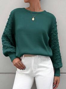 EURMUSE Women's Solid Color Lantern Sleeve Sweater - Dark Green - View 4