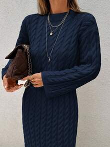 EURMUSE Women's Knitwear Long Dress With Cable Pattern - Navy Blue - View 6