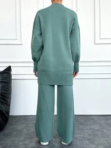 EURMUSE Long Sleeve Knitted Sweater & Knitted Pants Set With Rhinestone Decor - Mint Green - View 2