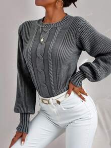 SHEIN Cottnline Round Neck Long Sleeved Cable Knitted Sweater - Dark Grey - View 3