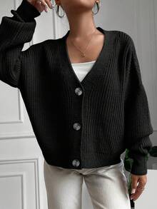 EURMUSE Solid Color Loose Fit Open Front Cardigan - Black - View 4
