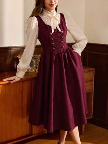 Vintamour 复古优雅女装连衣裙，带口袋，双排扣链条金属纽扣，休闲度假连衣裙，秋季服装 - 酒紅色 - 查看 3