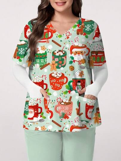 PopScrub 圣诞元素设计印花饮料杯卡通图案女式大码时尚V领短袖磨砂制服上衣