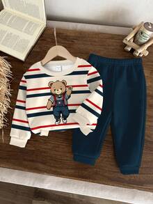 SHEIN Setelan Baju Olahraga Rajut Lembut Leher Bulat Longgar Bergaya Kartun Beruang Garis-garis Kasual Nyaman untuk Bayi Laki-laki, Cocok untuk Musim Gugur/Dingin - MultiWarna - View 2