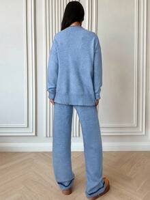 Firerie Bộ áo len dệt kim màu tương phản rộng rãi cho nữ, bộ áo dài tay cổ tròn và quần dài, phù hợp cho mùa xuân, mùa thu và mùa đông, bộ đồ dệt kim viền màu tương phản, trang phục mùa xuân, mùa thu và mùa đông, đi làm, thanh lịch, thường ngày, trang phục công sở - Màu xanh nhạt - Xem 3