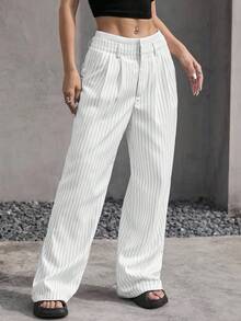 SHEIN EZwear Quần ống rộng kẻ sọc thường ngày cỡ lớn dành cho người đi làm - trắng - Xem 4