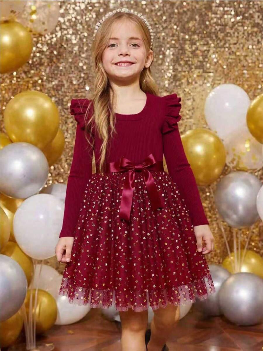 SHEIN Glamorique Kids Young Girl' Long Sleeve Knitted Tulle Star Mesh Princess Dress,,Christmas Cos - Red - View 1