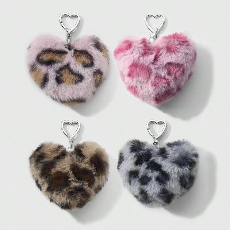 ROMWE Kawaii 1pc Random Color Y2K Minimalist Fashionable Vintage Casual High-Quality Pink/Burgundy/Brown/Gray Leopard Print Plush 3D Heart DIY Keychain Bag Charm, Suitable For Sisters, Best Friends, Couples, Women, Daily Wear, Holiday Gift - Multicolor - View 2