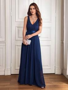 无袖 V 领收腰 A 字型优雅浪漫女士派对连衣裙长款女装 - 藍色 - 查看 4