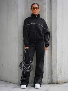 SAYEHFBABY Women's Fall/Winter Streetwear Basic Going Out Back To School 2pcs Set Zip Front Long Sleeve Hoodie And Drawstring Waist Pants Casual Suit - Black - View 1