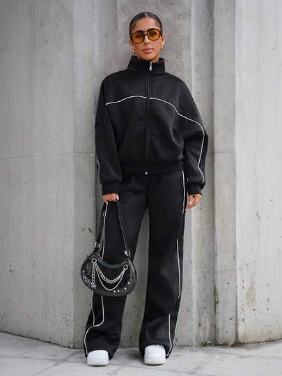 SAYEHFBABY Women's Fall/Winter Streetwear Basic Going Out Back To School 2pcs Set Zip Front Long Sleeve Hoodie And Drawstring Waist Pants Casual Suit