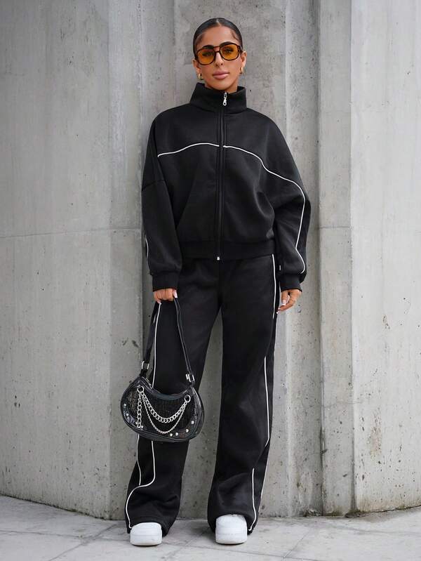 SAYEHFBABY Women's Fall/Winter Streetwear Basic Going Out Back To School 2pcs Set Zip Front Long Sleeve Hoodie And Drawstring Waist Pants Casual Suit