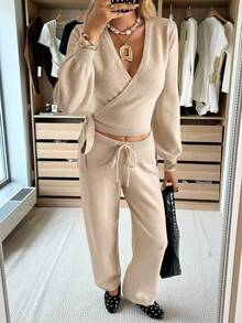 Siren Gaze 2pcs/Set Women Solid Color V-Neck Wrap Sweater With Puff Sleeves&Drawstring Waist Ribbed Knit Wide Leg Pants,Beige Autumn Casual Lounge Elegant Outfit - Apricot - View 7