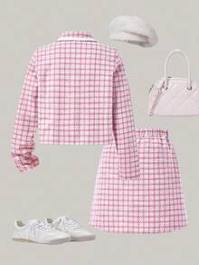 PrepCrw 2pcs Tween Girls Elegant School Style Casual Urban White Trim Pearl Button Pink Plaid Jacket And Skirt Set, Suitable For Home, Daily Wear, Christmas, Festivals, Autumn/Winter  Skirt And Jacket Set Tweed Set Pink Tweed Outfit Tweed Skirt Set Preppy Two Piece Set,Fall Girls Tweed Outfit Pink Tweed Set Gingham Set Girld Outfit Set Aesthetic Preppy Clothes For Girls 12,Holiday , Christmas