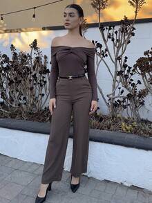 Andrea Bello Women Casual Solid Color Straight Leg Pants - Coffee Brown - View 6