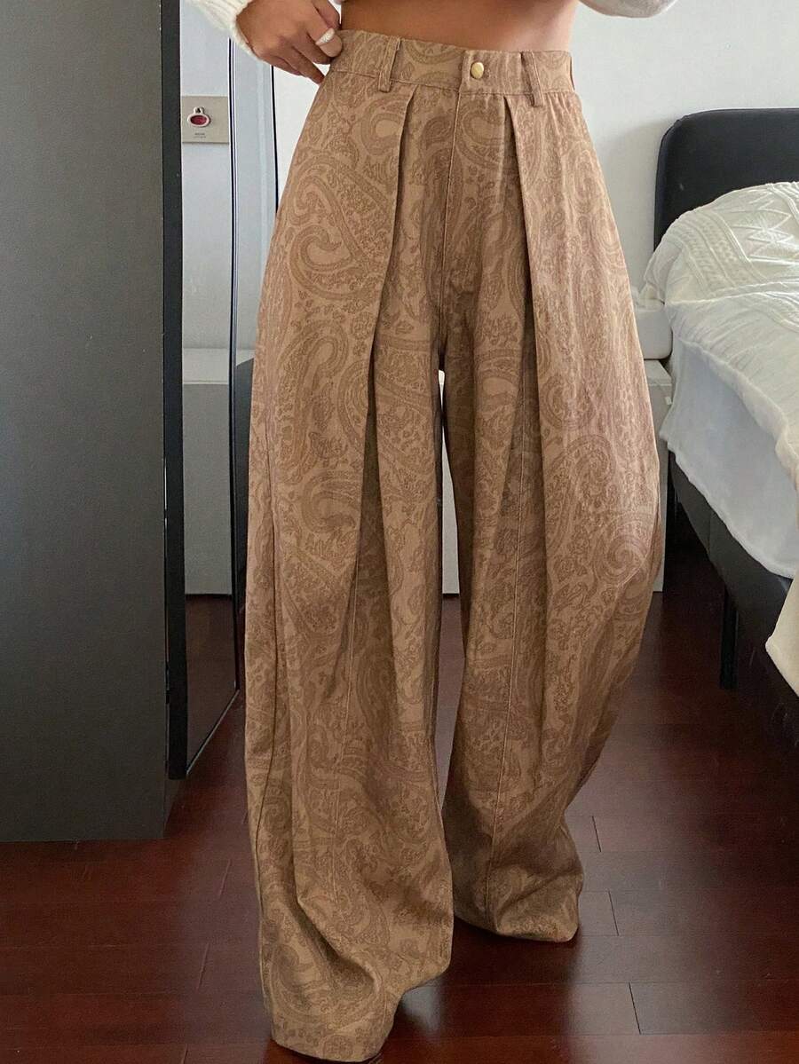 DAZY Women's Loose Floral Print Wide Leg Pants, Casual Autumn/Winter - Brown - View 1