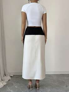 SHEIN Elenzya Women's Color Block Bow Decor Slit Fitted Elegant Skirt - Apricot - View 2