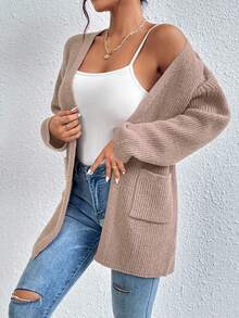 EURMUSE Drop Shoulder Pocket Cardigan With Open Front